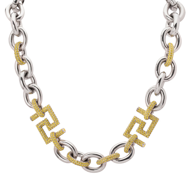Antique & Vintage Jewelry Versace Thick Oval Chain Link Necklace with Pave Greek Keys - Broken English Jewelry