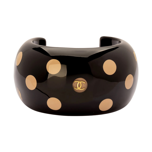 Antique & Vintage Jewelry Chanel Black & Beige Polka Dot Acrylic Cuff - Broken English Jewelry